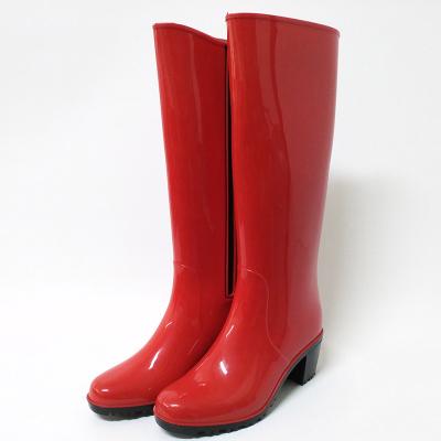 China High Heel Shing Knee High Heel Waterproof Red Zipper Ladies Fashion PVC Long Rain Boots for sale