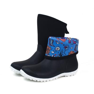 China Cushioning Comfortable High Quality Mid Rise Neoprene Rain Boots Colorful Printing Striping For Women for sale