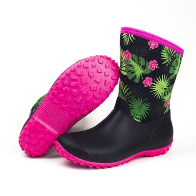 China Cushioning High Quality Mid Rise Neoprene Rain Boots Colorful Printing For Ladies for sale