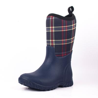 China Newest Fashion Foam Women Plaid Neoprene Print Rubber Knee High Wellies Cushioning Wellies for sale