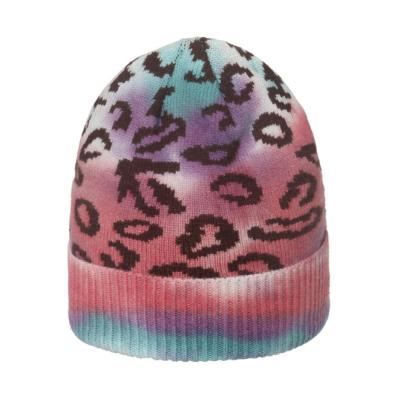 China New Trend COMMON Winter Women's Cashmere Beanie Hat Customize Knitted Tie Dye Gradient Ear-Protection Leopard Warm Print Knit Hat for sale