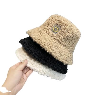 China New Designer Vintage Fashion High Quality Smile Face Dobby Hairy Fluffy Faux Fur Bucket Hat For Women Autumn Winter for sale