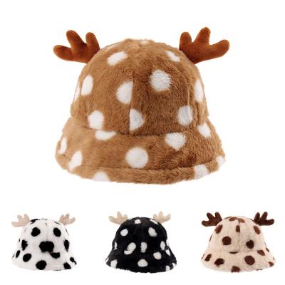 China New Designer Vintage Fashion Furry Dobby Cow Print Rabbit Hair Antlers Fur Bucket Hat Winter Hat For Women Winter Autumn for sale