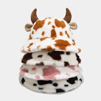 China New Designer Vintage Fashion Furry Cow Print Rabbit Hair Horn Bucket Hat Winter Hat For Women Winter Autumn for sale