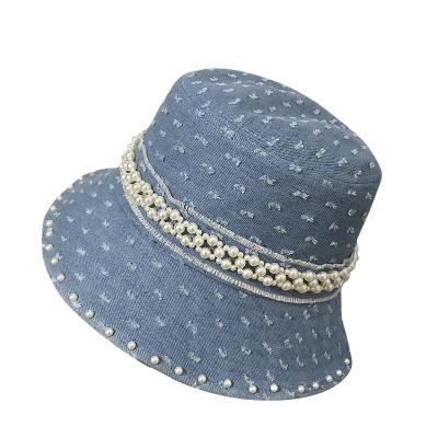 China Character High Quality Fashion Ladies Style Sunshade Bucket Hat Denim Distressed Washed Hats Sun Shade Packable Pearl Fishing Hat for sale