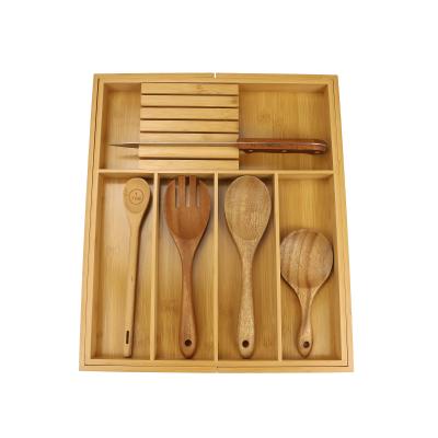 China Viable Kitchen Drawer Utensil Organizer Cutlery Storage Tray Drawer Bamboo Wooden Adjustable Divider for sale