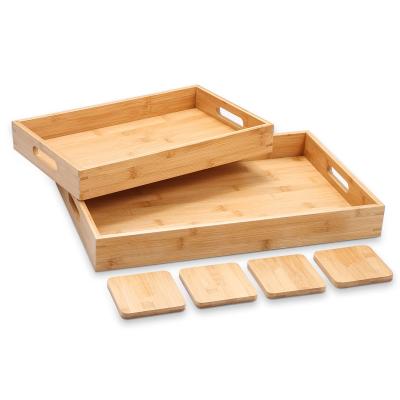 China Wooden 2 Pack Food Breakfast Trays Kitchen Bamboo Serving Tray Set with Handles for Cafe Dinner for sale