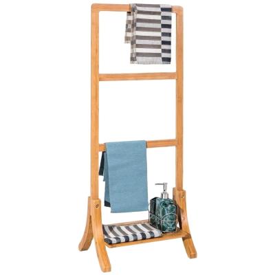 China Hotel Modern Bamboo Wood Ladder Bathroom Free Standing Towel Rack for sale