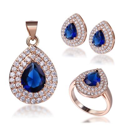 China Luxury Bridal Blue Zircon Water Drop Earrings Fashon Style Wedding Drop Pendant Jewelry Set For Luxury Women for sale