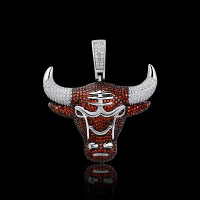 China Hip Hop Hip Hop Stone Bull Skull Animal Head 925 Sterling Silver Micro Pave CZ Pendant for sale