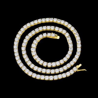 China Hiphop Bling Jewelry Custom Iced Out 3mm 4mm 5mm Zircon 1 Row 925 Sterling Silver 24k Gold Plated Tennis Chain Necklaces for sale