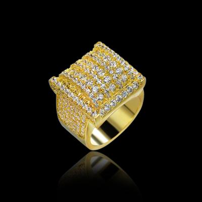 China Hiphop Hand Paving 18K Gold Plated Micro Paving Zircon Sterling Silver Square Shaped Rings for sale