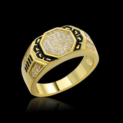 China Wholesale Pure Solid Brass Hiphop Hardware 18K Gold Plated Black Enamel Octagon Hip Hop Rings for sale