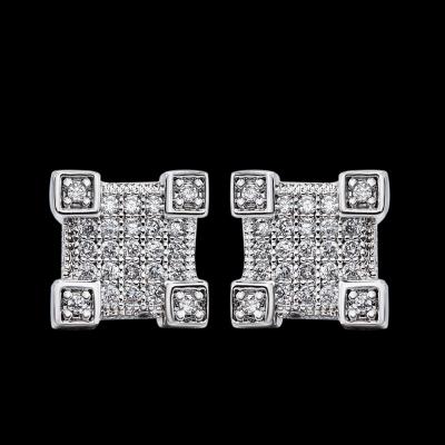 China Shiny Hiphop 925 Sterling Silver Whiter Gold CZ Diamond Hammered Inlay Square Studs Earrings For Women for sale