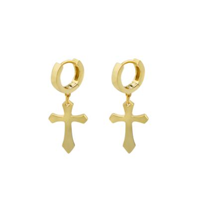 China Custom Hip Hop Cool Solid 14K Gold Plated Mens Cross Stud Dangle Earrings for sale