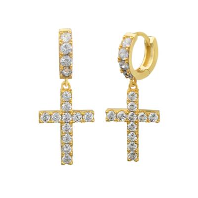 China Other Hip Hop Trendy Jewelry Unique Solid White 14k Gold Plated Brass Iced Out Zircon Cross Huggies Circle Drop Earrings Unisex for sale