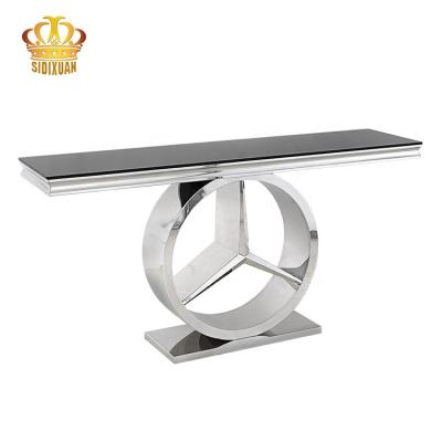 China 1 Hall Furniture Factory Supply Black Glass Top Console Table Elegant Hotel Hallway Silver Metal Corridor Console Table for sale