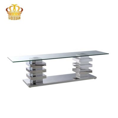 China 1 Modern Home Direct TV Silver Classic TV Stand Stainless Steel Furniture Factory Living Room Clear Glass Top Table for sale