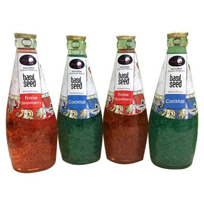 China 300ml Natural Glass Bottles Strawberry and Cocktail Flavor Basil Seed Drinks Fruit and Vegetable Juice for sale