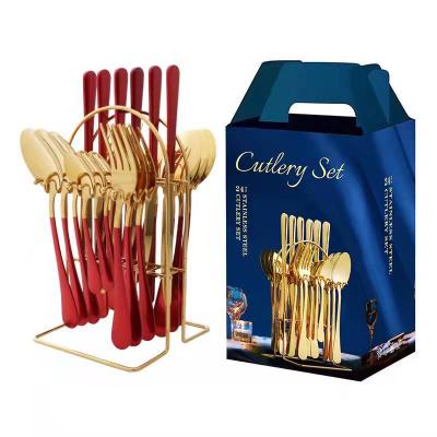 China Viable Red Gold 24 Pcs Stainless Steel Silverware Flatware Cutlery Set With Stand Gold Cutlery Set With Box for sale