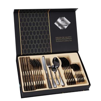 China Viable Black Color 24 Pieces Stainless Steel Flatware Set With Gift Box Dinnerware Set To Wedding Kitchen Knife Fork And Spoon for sale