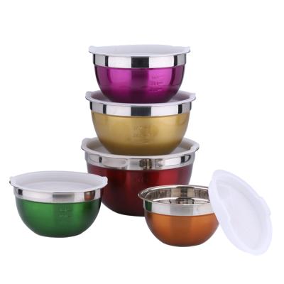 China Multicolored viable stainless steel mixing bowls with lids salad bowl with airtight lid for cooking and baking for sale