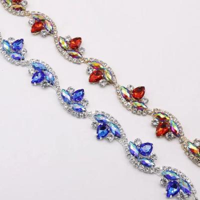 China Fancy Crystal Flower Rhinestone Banding Garment Accessary By The Yard Colored Rhinestone Trimming for sale