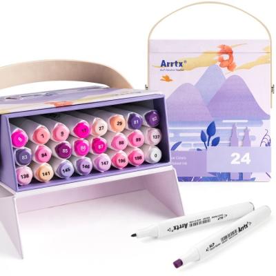 China Arrtx Permanent Tip Marker Pens High Quality 24 Tone Purple Colors Double Ended Art Markers Set Alcohol Based With Carry Box for sale