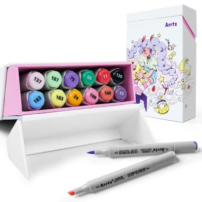 China Dual Heads Use Arrtx OROS 12 Colors Alcohol Art Marker Pen Dual Tips Alcohol Brush Markers Set With Theme Cover Outlined Box for sale