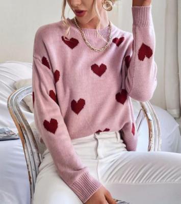 China Breathable Ladies Jacquard Knits Contrast Acrylic Color Sweater Women Sweater Women Heart Pattern Loose Pink 680177 for sale