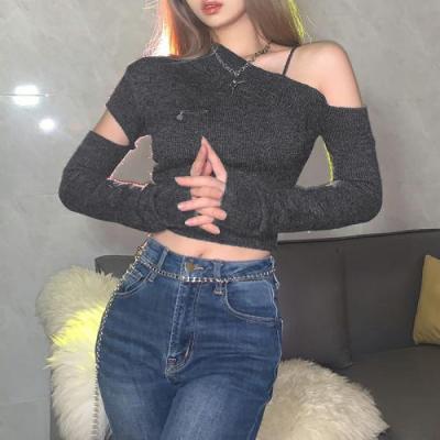 China Women 680905 Autumn Breathable Thin Crop Top Sweater Off The Shoulder Hollow One Shoulder Knitted Solid Gray for sale