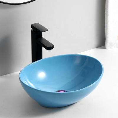 China Factory Direct 9020 G-015 Modern High End Color Glazed Oval Hand Wash Vessel Basin Porcelain Bathroom Sinks in Blue for sale