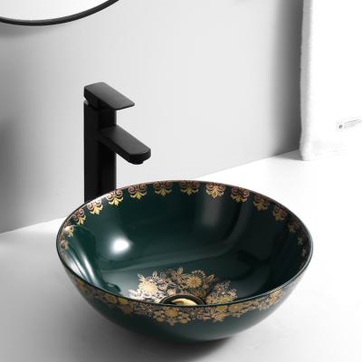 China Classic Classic Plated Glazed Green Color Round Sanitary Bathroom Sink Ware Hand Wash Basin for sale