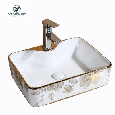 China Elegant Tropical Victorian Japanese Chinese French Basin Electroplating Pattern Ceramic Countertop Wash Bathroom Sink CE Sink for sale