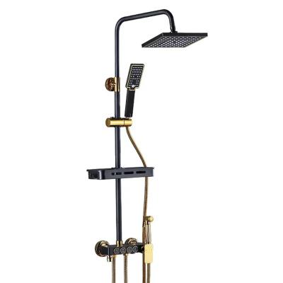 China With Slide Bar Square Bathroom Shower System Black Gold Bathtub Mixer Faucet Hot Cold Bathroom Tap Thermostatic Shower Set for sale