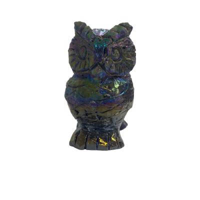 China Hot Sale Aura Sphalerite Owl Sculpture Crystal Aura Sphalerite Rainbow Colorful Golden Carveings LC081901 from Europe for sale