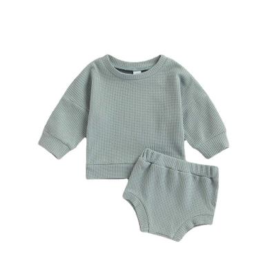 China Breathable Long Sleeve Autumn Stripe Waffle 2pcs Baby Pajamas Set Casual Suits Kids Baby Striped Shirts Shorts Underwear for sale