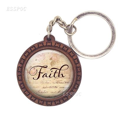 China Fashion Faith Bible Verse Quoted Vintage Wood Glass Cabochon Brown Key Chain Pendant Key Ring Religious Jewelry Christian Gift for sale