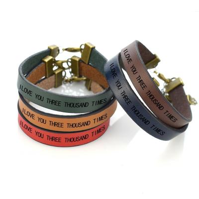 China Vintage Simple Design Enraved Leather Bracelet Express I Love You Three Thousand Times Bracelets For Father Daughters Gifts for sale