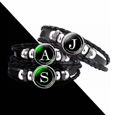 China 26 Letter FASHION Bangle Glowing Luminous Jewelry Personalized Black Leather Name Letters Jewelry Bangle Glow in Dark M for sale