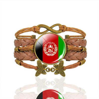 China TRENDY Afghanistan Flag Bracelet Vintage Brown Leather Braided Bracelet Women Butterfly Jewelry Fashion Accessories for sale