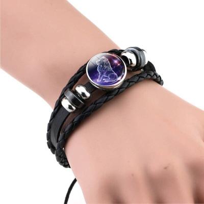 China Vintage Couples Bracelets 12 Horoscope Cabochon Glass Zodiac Sign Braided Bracelet Punk Black Leather Woven Bracelet for sale