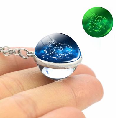 China Glowing Luminous At Night 12 Constellations Double Side Silver Plated Necklace Aries Pisces Leo Cancer Libra Gemini Glass Ball Pendant for sale