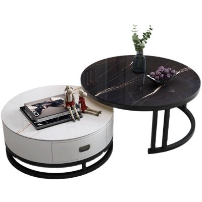 China (Other) Adjustable Modern Round Coffee Table Slate Tempered Glass Top With Drawer Leather Lounge for sale