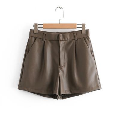 China Dark Brown Color PU Faux Leather Zipper Shorts Korean Style Leather Women's Spring Casual Wear Viable Fly for sale