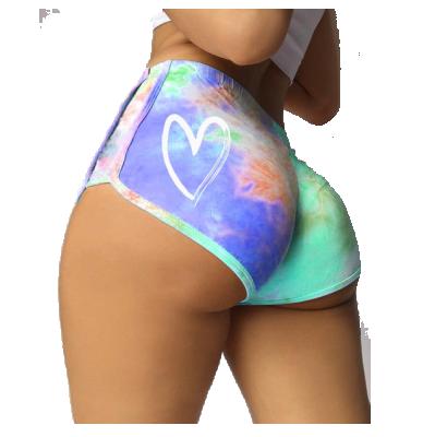 China Beautiful women's shorts 2021 viable fashionable elastic dye print tie 3xl casual plus size sports shorts yoga pants outdoor sports shorts for sale