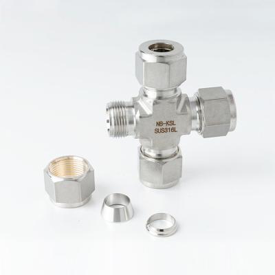 China Standard Stainless Steel Union Coupling Double Ferrule Tube Four Way Pipe Fitting for sale