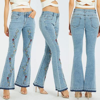 China 2021 Fashion Sustainable Sexy Luxury Blue Jeans Fashion Beading Women's Jeans Embroidery Floral Flared Pants for sale