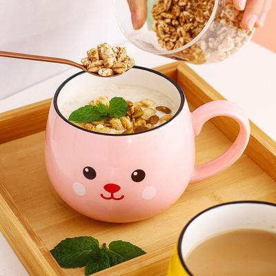 China Large Belly Cup Kids Enamel Mug Creative Animal Expression Cute Wholesale Viable Cartoon Ceramic Mugs Lunch Cup for sale