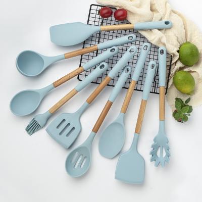 China Sustainable Blue Nordic 9 Piece Kitchen Wares Non Stick Cooking Serving Utensils Set With Wooden Handle for sale